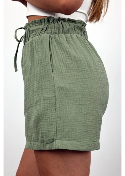 Lastikli Cepli Müslin Kadın Şort Yeşil-L fiyatları