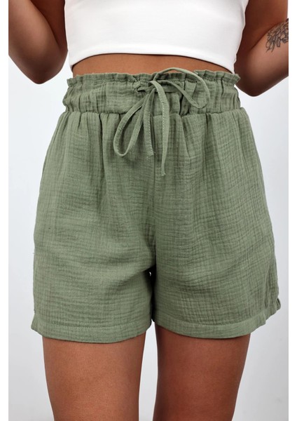 Lastikli Cepli Müslin Kadın Şort Yeşil-L modelleri