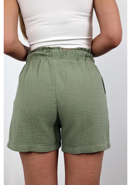 Lastikli Cepli Müslin Kadın Şort Yeşil-L fırsatları