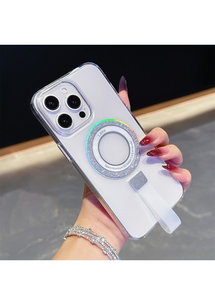 iPhone 15 Pro Manyetik Kılıf Lazer Parıltılı Şeffaf Pc Telefon Kılıfı ve Elde Taşınabilen Askı (Yurt Dışından)