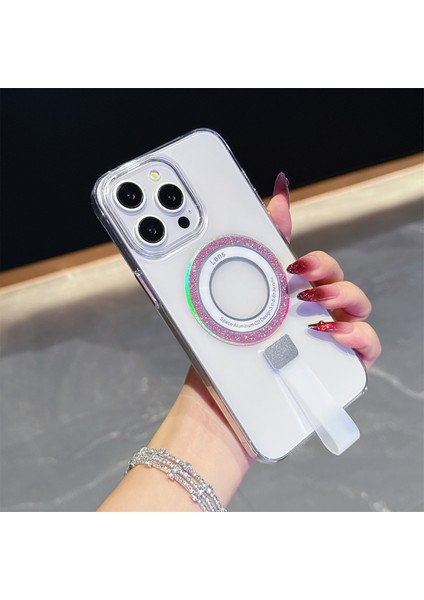 iPhone 15 Pro Manyetik Kılıf Lazer Parıltılı Şeffaf Pc Telefon Kılıfı ve Elde Taşınabilen Askı (Yurt Dışından)