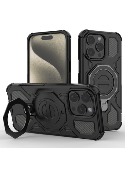 iPhone 15 Pro Max Manyetik Kılıf Döndürülebilir Metal Ayaklı Darbeye Dayanıklı Pc + Tpu Telefon Arka Kapağı (Yurt Dışından)