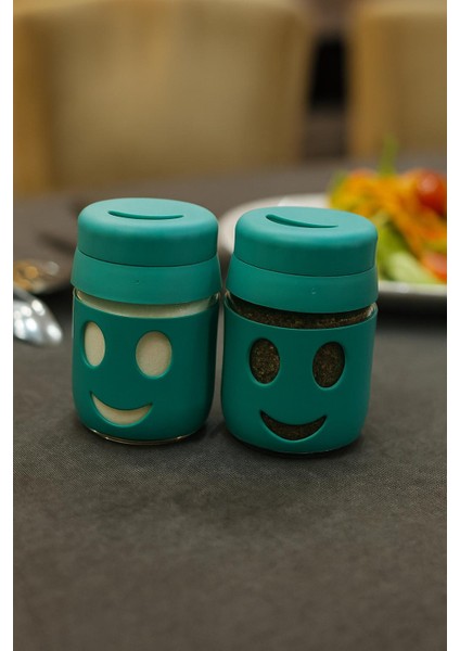2'li Yeşil Gülen Surat Modelli Cam Tuzluk Karabiberlik Pul Biberlik Baharatlık