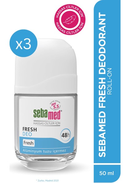 Ter Kokusu Onleyıcı 48 Saat Etkili Hassas Ciltler Kadın Erkek Roll-On Deodorant Fresh 50ML X3 Adet