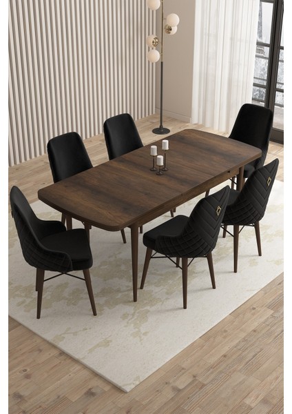 Loft Barok Desen 80X132 Açılabilir Mdf Masa Yemek Odası Takımı, Mutfak Takımı 6 Sandalye