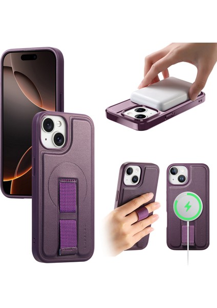 iPhone 15 Manyetik Kılıf Bileklik Pu Deri + Pc Darbeye Dayanıklı Telefon Kılıfı (Yurt Dışından)
