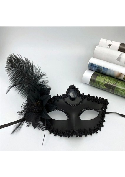 Siyah Mat Renk Yandan Tüylü Güllü Parti Balo Venedik Maskesi 16X22 (5047)