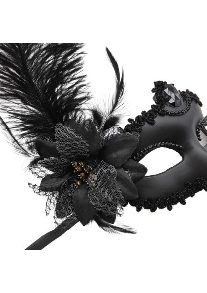 Siyah Mat Renk Yandan Tüylü Güllü Parti Balo Venedik Maskesi 16X22 (5047) modelleri