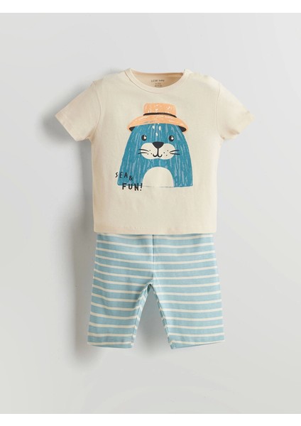 Lcw Baby Ekru Sevimli Baskılı Erkek Bebek Tişört ve Kısa Tayt 2'li