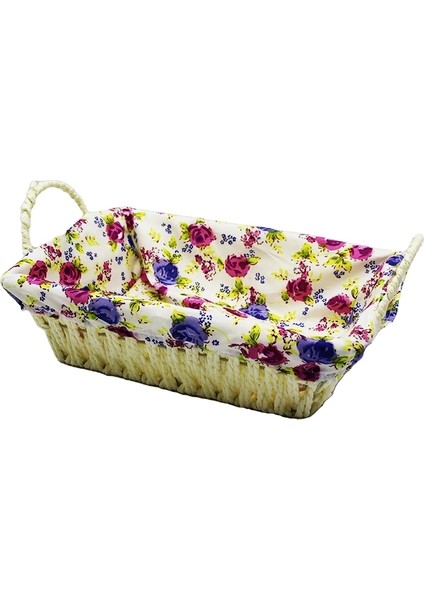 Dikdörtgen Renkli Bezli Hasır Ekmek Sepeti (5047)