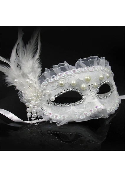Beyaz Renk Yandan Tüylü Inci Işlemeli Taşlı Dantelli Parti Maskesi 17X12 cm (5047) fiyatları