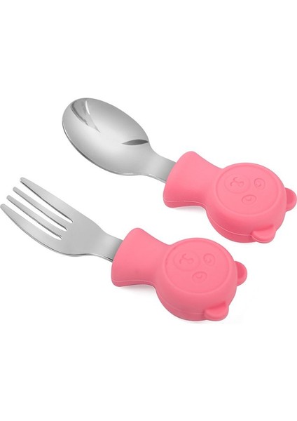 304 Çelik Pembe Ayıcık Model Bebek Kaşık ve Çatal Set CIN766PM
