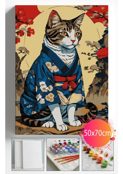 Sayılarla Boyama Seti Numaralı Tuval Fırça Boya Dahil Kasnaklı Set 50X70 cm - Japon Kedi