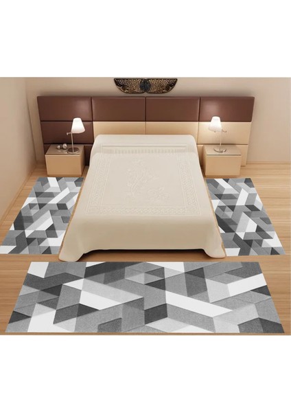 Dijital Baskı Kaymaz Taban Yıkanabilir Modern 3'lü Yatak Odası Halısı (80 X150 2 Adet 80 X300 1 Adet