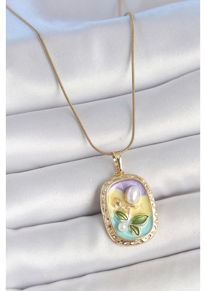 316L Çelik Gold Renk Zincir Incili Çiçek Işlemeli Portre Model Kadın Kolye