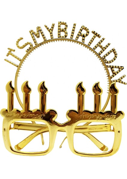 It&amp;apos;s My Birthday Yazılı Taç ve Mum Şekilli Gözlük Seti Altın Renk (5047)