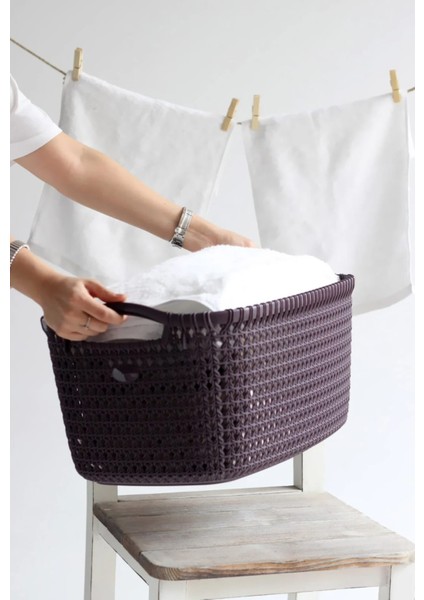 Mürdüm Rengi Hasır Görünümlü Çamaşır Sepeti – 39 Litre, Örgü Desenli