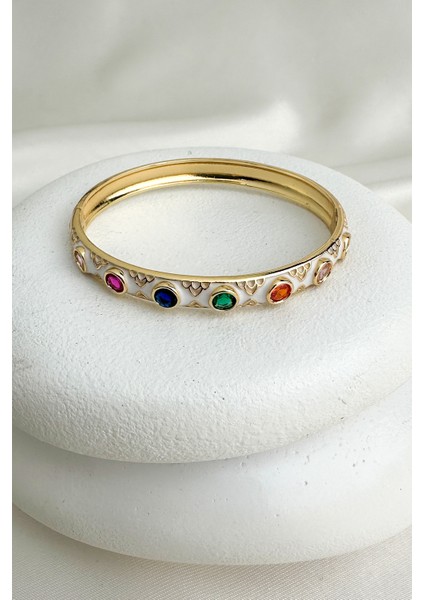 Altın Rengi Mineli Yuvarlak Renkli Taşlı Tasarım Kelepçe Bileklik (Çapı:6cm)