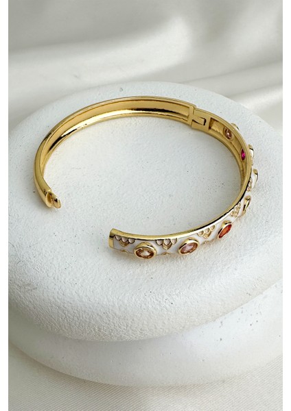 Altın Rengi Mineli Yuvarlak Renkli Taşlı Tasarım Kelepçe Bileklik (Çapı:6cm) fiyatları