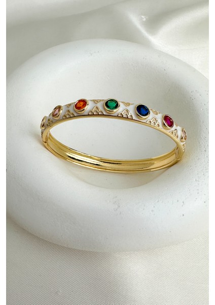 Altın Rengi Mineli Yuvarlak Renkli Taşlı Tasarım Kelepçe Bileklik (Çapı:6cm) modelleri