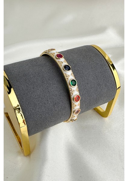 Altın Rengi Mineli Yuvarlak Renkli Taşlı Tasarım Kelepçe Bileklik (Çapı:6cm) fırsatları