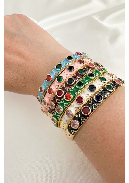 Altın Rengi Mineli Yuvarlak Renkli Taşlı Tasarım Kelepçe Bileklik (Çapı:6cm) indirimleri