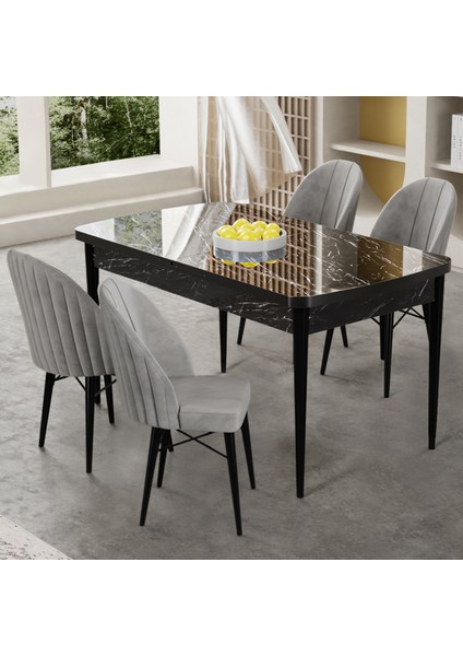 Gale Serisi 80X132 Açılabilir Lak Panel Siyah Mermer Desen Mutfak Masa Takımı 4 Gri Sandalye