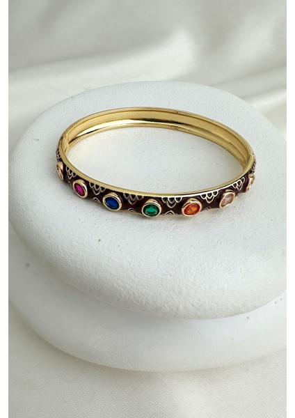 Altın Rengi Mineli Yuvarlak Renkli Taşlı Tasarım Kelepçe Bileklik (Çapı:6cm)