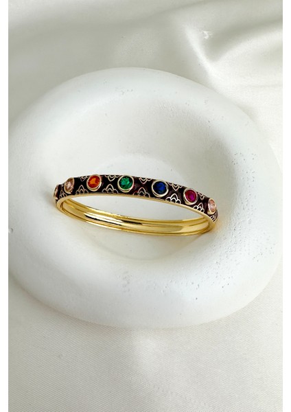 Altın Rengi Mineli Yuvarlak Renkli Taşlı Tasarım Kelepçe Bileklik (Çapı:6cm) modelleri