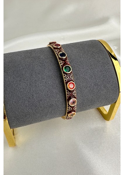Altın Rengi Mineli Yuvarlak Renkli Taşlı Tasarım Kelepçe Bileklik (Çapı:6cm) fırsatları