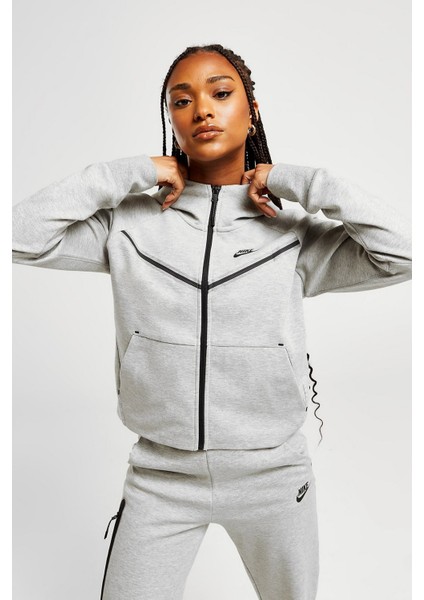 Tech Fleece Windrunner Full Zip Hoodie Kapüşonlu Kadın Sweatshirt Gri