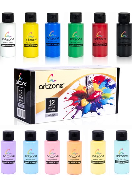 Akrilik Boya Seti 12 Renk x 60ML. (Ana ve Pastel Renkler)