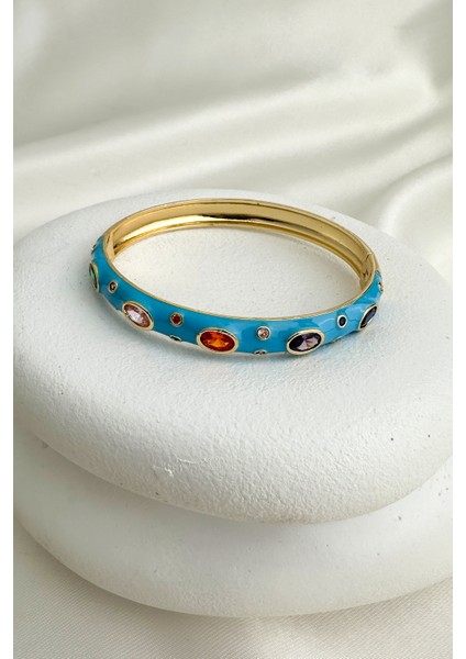 Altın Rengi Mineli Oval Renkli Taşlı Tasarım Kelepçe Bileklik(Çapı:6cm)