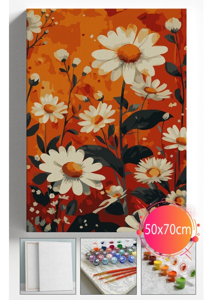 Sayılarla Boyama Seti Numaralı Tuval Fırça Boya Dahil Kasnaklı Set 50X70 cm - Kırmızı Papatyalar