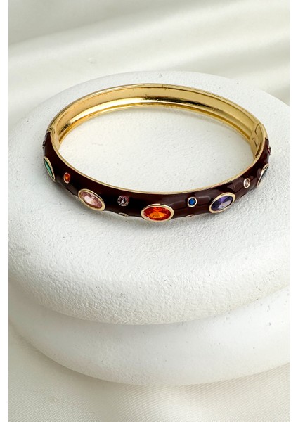 Altın Rengi Mineli Oval Renkli Taşlı Tasarım Kelepçe Bileklik(Çapı:6cm)