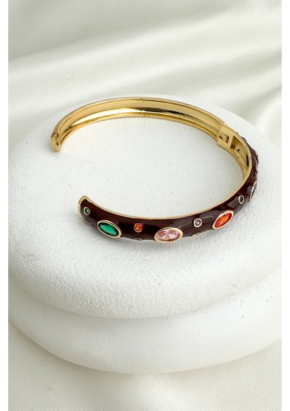 Altın Rengi Mineli Oval Renkli Taşlı Tasarım Kelepçe Bileklik(Çapı:6cm) fiyatları