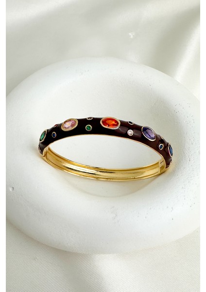 Altın Rengi Mineli Oval Renkli Taşlı Tasarım Kelepçe Bileklik(Çapı:6cm) modelleri