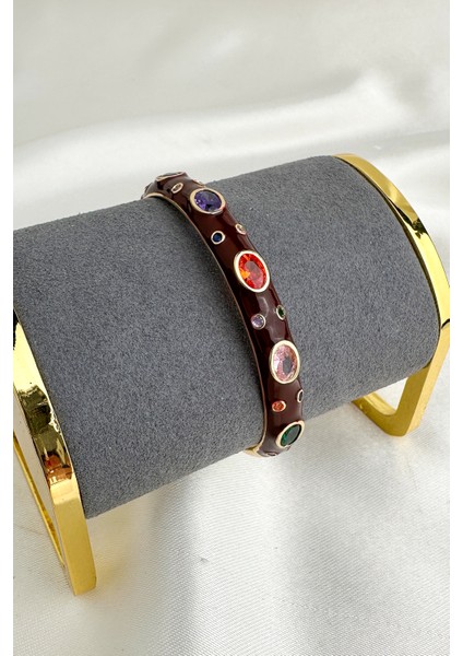 Altın Rengi Mineli Oval Renkli Taşlı Tasarım Kelepçe Bileklik(Çapı:6cm) fırsatları