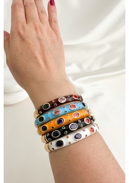 Altın Rengi Mineli Oval Renkli Taşlı Tasarım Kelepçe Bileklik(Çapı:6cm) indirimleri