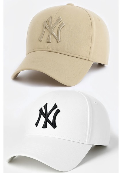 Ny New York Nakış Unisex Beyzbol Bej ve Beyaz Şapka Kadın Şapka Erkek Şapka Yazlık Şapka