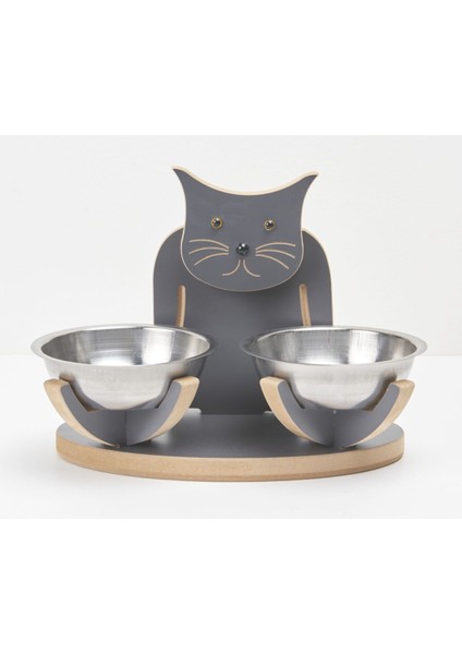 Demonte Ahşap Kedi Figürlü Mamalık ve Suluk