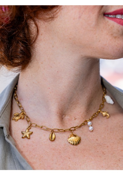 Oceana Deniz Kabuğu Kaplumbağa Charm Choker Çelik Kolye