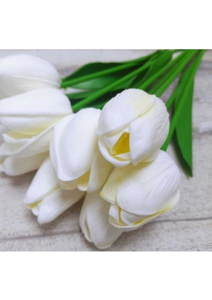 Yapay Islak 5 Li Beyaz Lale Ev Dekor Vazo Süsü