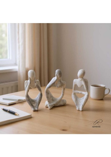 Mermer Görünümlü Düşünen Insan Figürü 3’lü Set - Dekoratif - Modern Porselen Tozu Obje - 12.5 cm