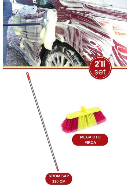 Profesyonel Mega Oto Fırçası ve Krom Sap Seti, Otomobil Minibüs Otobüs Yıkama Fırça + Krom Sap 130CM