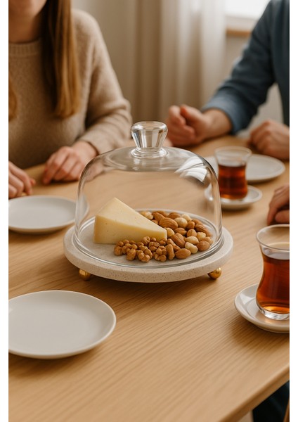 Traverten 25 cm Altın Boncuk Ayaklı Cam Fanus fiyatları