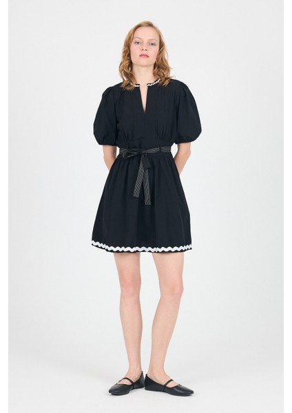 Siyah Terikoton Balon Kollu Bel Bağlamalı Mini Elbise 2617