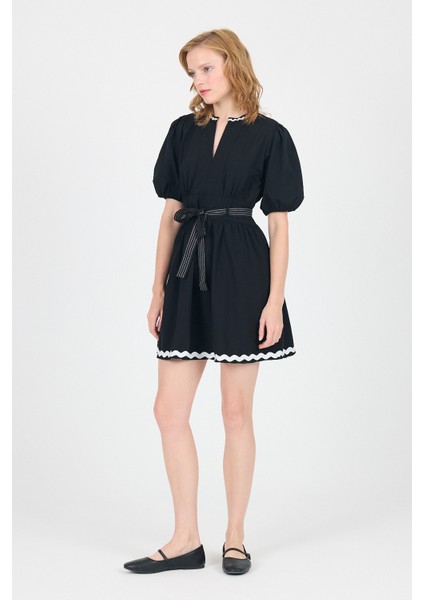 Siyah Terikoton Balon Kollu Bel Bağlamalı Mini Elbise 2617 fiyatları