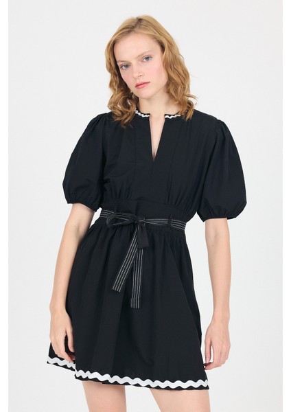 Siyah Terikoton Balon Kollu Bel Bağlamalı Mini Elbise 2617 modelleri