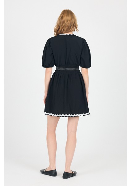 Siyah Terikoton Balon Kollu Bel Bağlamalı Mini Elbise 2617 indirimleri